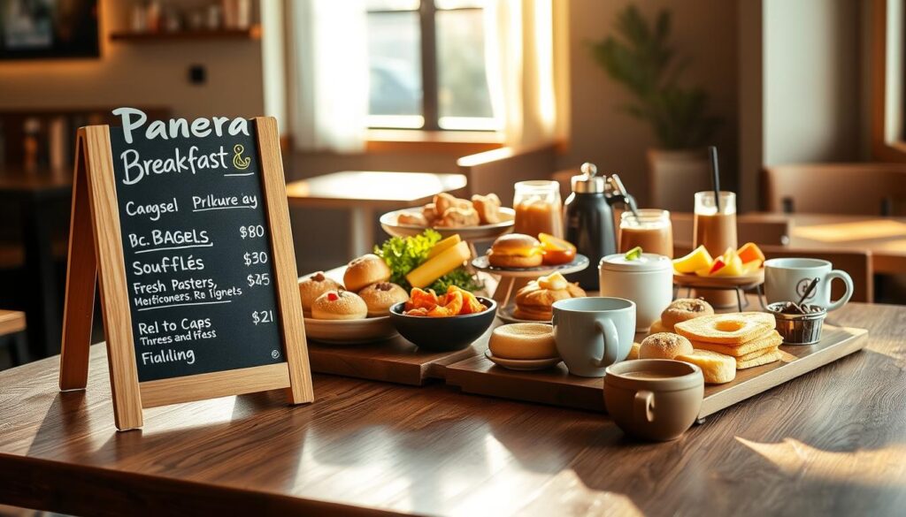 A beautifully arranged Panera Bread breakfast spread, showcasing an inviting menu layout on a rustic wooden table. The foreground features a chalkboard-style menu sign displaying prices for popular breakfast items like bagels, soufflés, and fresh pastries, all artfully stylized. The middle ground includes an assortment of these breakfast items, freshly plated and arranged with vibrant fruits, artisanal coffee cups, and condiments to enhance the visual appeal. The background features soft morning light streaming through a nearby window, casting warm shadows and creating a cozy atmosphere, evoking a serene cafe setting. The scene captures the essence of a morning at Panera, highlighting value with a focus on freshness and quality, presented in a modern yet inviting manner.