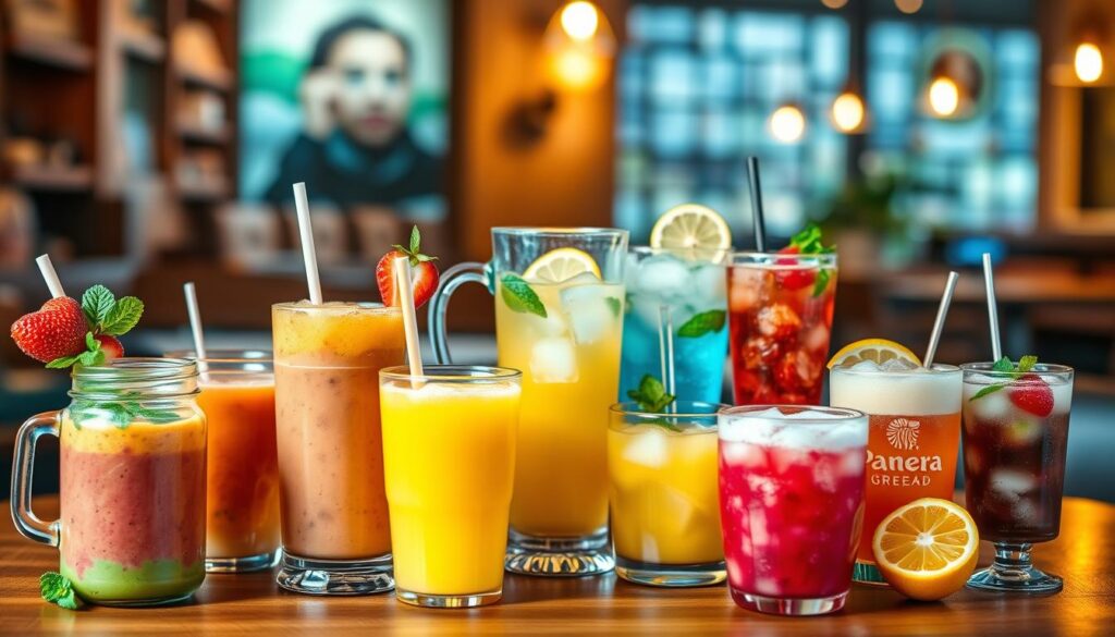 A beautifully arranged Panera Bread coffee menu display featuring vibrant images of smoothies, lemonades, and non-coffee beverages. The foreground showcases colorful smoothies in clear jars adorned with fresh fruit garnishes, like strawberries and mint leaves. In the middle, there are elegant lemonade pitchers with ice cubes and lemon slices, alongside a variety of non-coffee beverages in stylish glassware, all presented on a wooden table. The background features a soft-focus café setting with warm, inviting lighting, creating a cozy atmosphere. The shot is taken from a slightly elevated angle, capturing the details of the beverages while emphasizing the inviting ambience of a Panera café. The image evokes a refreshing and delightful mood, ideal for showcasing vibrant beverage options.