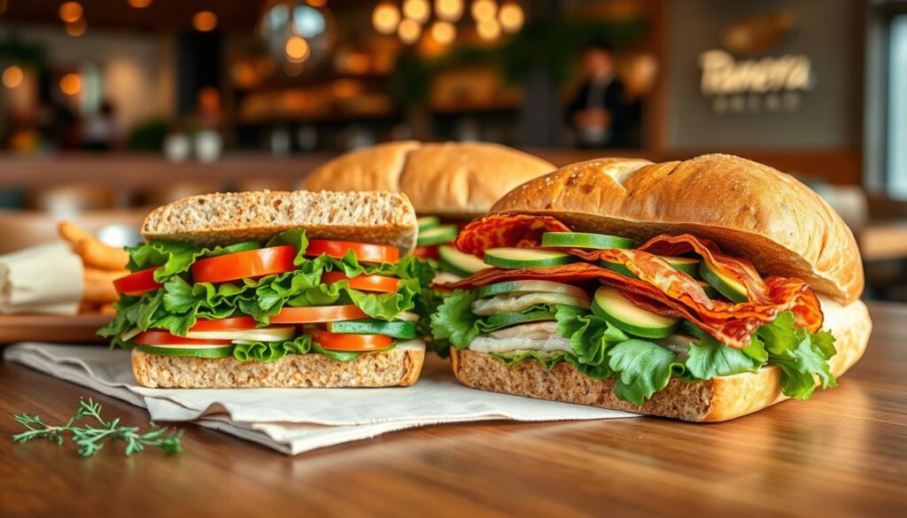 A beautifully arranged display of Panera Bread sandwiches, showcasing a variety of fresh ingredients. In the foreground, highlight a classic Mediterranean Veggie Sandwich with vibrant greens, ripe tomatoes, and tangy peppers peeking out from whole grain bread. Beside it, feature a Turkey Avocado BLT, with crispy bacon and creamy avocado slices, nestled in a soft ciabatta. The middle layer should include a rustic wooden table adorned with a light linen napkin and a few sprigs of fresh herbs for added texture. In the background, softly blurred, a Panera Bread café ambiance with cozy seating and warm lighting, inviting customers to enjoy healthy meals. The scene should evoke a fresh, wholesome atmosphere, perfect for lunch or a light dinner.