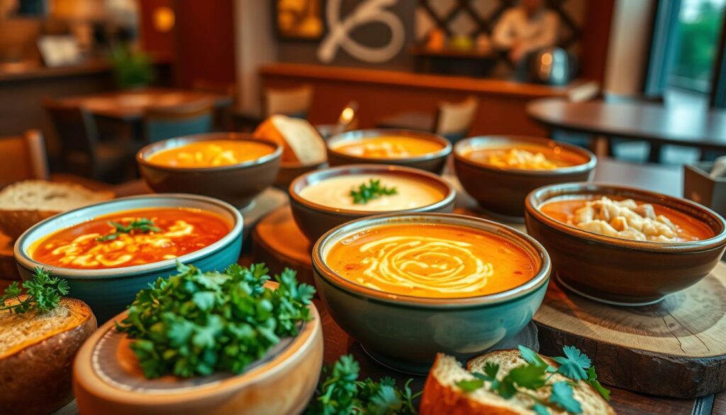 A beautifully arranged display of Panera Bread soup options, featuring a variety of vibrant bowls showcasing their famous Broccoli Cheddar, Creamy Tomato, and Chicken Noodle soups. In the foreground, lush garnishes of fresh herbs and bread bowls are artfully placed, enhancing the inviting presentation. In the middle, the different soup varieties are served on rustic wooden tabletops, capturing the essence of a cozy café atmosphere. Soft, warm lighting highlights the textures of the soups, creating a feeling of comfort and warmth. The background features hints of a softly blurred Panera Bread café interior, with rich wooden accents and warm colors, evoking a welcoming environment for customers. The angle is slightly tilted downwards, emphasizing the soups while still incorporating the inviting ambiance around them. The overall mood is warm and enticing, perfect for a satisfying dining experience.