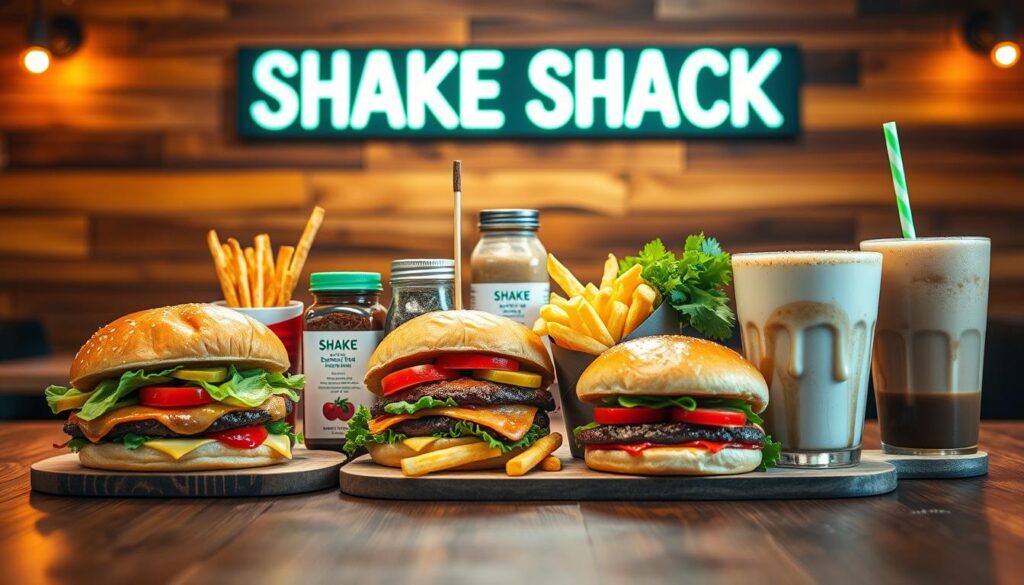 A beautifully arranged display of Shake Shack's secret recipes against a rustic wooden background. In the foreground, an inviting table features delectable items like juicy burgers with secret sauce, crispy fries, and rich milkshakes, each artfully presented with fresh ingredients like lettuce, tomatoes, and pickles. The middle ground highlights jars of special seasonings and sauces, with vibrant vegetables illustrating the freshness of the ingredients. The background softly blurs to reveal a cozy Shake Shack restaurant ambiance with warm, ambient lighting that creates a welcoming feel. Shot with a shallow depth of field at a slight angle, enhancing the textures and colors, the image conveys a sense of culinary adventure and scrumptious discovery, enticing the viewer to delve into hidden culinary delights.