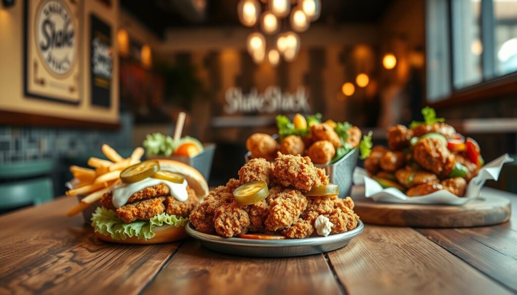A beautifully arranged display of a Shake Shack chicken menu on a rustic wooden table. In the foreground, highlight an enticing crispy chicken sandwich with fresh lettuce, pickles, and a creamy sauce, alongside a side of golden crinkle-cut fries. In the middle, showcase a variety of chicken offerings, including a spicy variant and a grilled option, all garnished with vibrant, fresh vegetables. The background features a soft-focus image of the Shake Shack restaurant interior, giving a warm ambiance filled with soft, natural lighting. Use a shallow depth of field to emphasize the dishes in the foreground while creating a cozy atmosphere. The overall mood is inviting and delicious, perfect for food lovers.