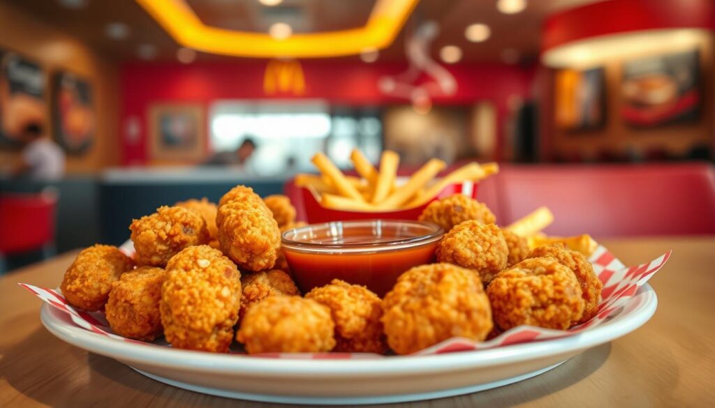 A beautifully arranged plate of golden-brown chicken nuggets, perfectly crispy on the outside with a tender, juicy interior. The foreground features a generous serving of nuggets accompanied by a small bowl of rich, tangy barbecue sauce for dipping. In the middle, a classic fast-food table setting includes a red and white checkered paper liner and a side of crispy fries, enticing with steam rising from them. The background showcases a soft-focus interior of a fast-food restaurant with cheerful, warmly lit ambiance, emphasizing a casual dining atmosphere. Shot with a 50mm lens, the perspective captures the nuggets in sharp detail, inviting viewers to savor the deliciousness of McDonald's value menu. The overall mood is vibrant and appealing, illustrating the best-value lunch and dinner options that are sure to tantalize the taste buds.