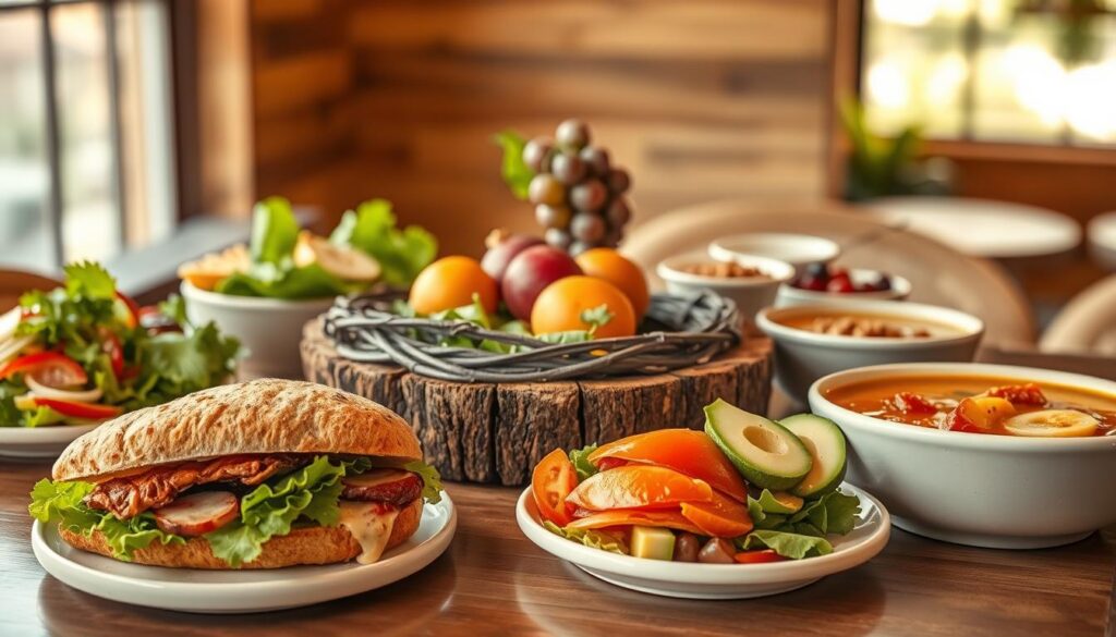 A beautifully arranged table featuring a variety of Panera Bread lunch menu items, such as fresh salads, sandwiches, and soups, with vibrant colors and textures. The foreground showcases a close-up of a hearty sandwich and a crisp salad with avocado, emphasizing freshness. In the middle, a rustic wooden table adds warmth, with a grapevine centerpiece and a small bowl of fresh fruit enhancing the presentation. The background features soft, natural lighting filtering through a window, creating a cozy atmosphere reminiscent of a Panera Bread café. The scene captures the essence of healthy dining, appealing to readers looking for value and quality in their lunch choices. The overall mood is inviting and appetizing, inviting viewers to savor the selection.