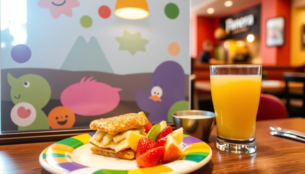 A colorful, inviting children's menu display at a Panera Bread restaurant, featuring an array of healthy, appetizing options designed specifically for kids. In the foreground, showcase a vibrant plate with a mini sandwich, fresh fruit, and a small side of soup, along with a cup of apple juice. In the middle, include a neatly arranged table setting with kids' utensils and a cheerful, fun atmosphere with warm lighting illuminating the food, emphasizing freshness and nutritional value. The background should hint at the cozy interior of a Panera restaurant, with playful decor suitable for families. Capture the essence of joyful meals for children, promoting healthy eating choices in a friendly, welcoming environment.