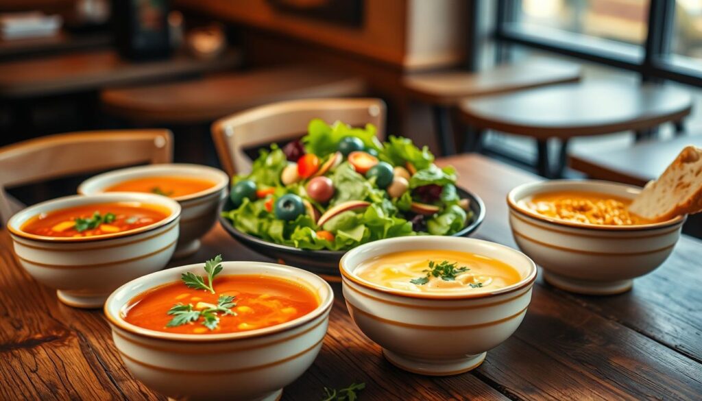 A cozy and inviting scene featuring a variety of Panera Bread soups presented in elegant ceramic bowls, arranged on a rustic wooden table. In the foreground, there are bowls of creamy tomato basil, hearty broccoli cheddar, and savory chicken noodle soups, garnished with fresh herbs and a side of warm, crusty bread. The middle of the image showcases a brightly colored salad, complementing the soups, showcasing fresh greens and vibrant vegetables. The background features a softly blurred café ambiance, with warm, inviting lighting that suggests a relaxed dining atmosphere. The image captures a wholesome and healthy vibe, reflecting the concept of smart pairings for lower calories, perfect for health-conscious diners. The overall mood is warm and inviting, inviting the viewer to enjoy a comforting meal.