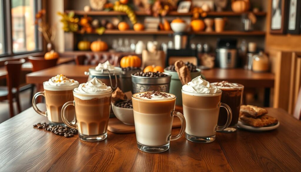 A cozy café scene featuring Panera Bread's seasonal coffee offerings arranged beautifully on a wooden table. In the foreground, an assortment of steaming cups of seasonal coffee, each with whipped cream and colorful garnishments, create a vibrant display. The middle ground includes a carefully curated selection of aromatic coffee beans and pastries, enhancing the café atmosphere. The background captures a softly lit ambiance with warm tones, showcasing a rustic café setting adorned with autumn decorations like pumpkins and leaves. Use natural lighting to highlight the rich colors of the coffee and pastries, with a shallow depth of field to draw attention to the seasonal selection. The mood is inviting and warm, reflecting a perfect autumn day at Panera Bread.