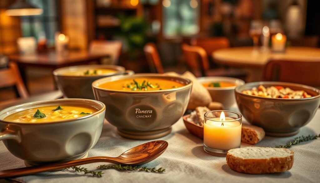 A cozy, inviting table setting featuring a variety of Panera Bread soup flavors, including a warm bowl of broccoli cheddar, a hearty tomato basil, and a rustic chicken noodle, all displayed in elegant ceramic bowls. In the foreground, showcase a rustic wooden spoon beside the soups with fresh bread and seasonal herbs like thyme and parsley scattered around. The middle ground includes a soft, textured tablecloth with a flickering candle casting a warm glow, enhancing the comforting atmosphere. In the background, a softly blurred café scene with warm lighting and wooden accents evokes a sense of community and relaxation. The image should be bright and appetizing, creating a feel of warmth and seasonal comfort.