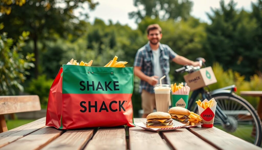 A cozy outdoor scene showcasing a Shake Shack delivery experience in Henrietta. In the foreground, a vibrant delivery bag with the Shake Shack logo rests on a wooden picnic table, partially open to reveal fresh burgers, crispy fries, and thick shakes. A bike with a delivery box on the side is parked nearby. In the middle ground, a friendly delivery person in modest casual clothing, smiling as they prepare to serve, stands next to the table, conveying a sense of reliability and friendliness. The background features lush greenery and a sunny sky, enhancing the inviting atmosphere. Use soft, natural lighting to emphasize the freshness of the food items. The composition should evoke a warm, cheerful mood, suitable for showcasing the convenience and appeal of Shake Shack's delivery service.