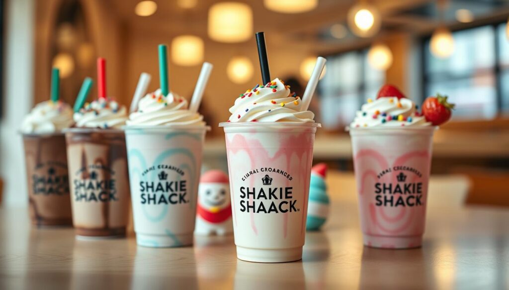 A delightful arrangement of Shake Shack mini milkshakes in vibrant, colorful cups, featuring flavors like chocolate, vanilla, and strawberry with whipped cream and colorful sprinkles on top. The foreground showcases the milkshakes, perfectly garnished, with their distinctive Shake Shack branding subtly integrated into the cup design. In the middle ground, there are playful dessert-themed props, such as a small scoop of ice cream and a cheerful, cartoon-style mascot. The background features a soft-focus diner setting with light wooden textures, warm ambient lighting that gives a cozy, inviting atmosphere. The image is captured at a slight angle, using a 50mm lens to emphasize the delicious details of the milkshakes while maintaining an appealing depth. The overall mood is fun and family-friendly, ideal for highlighting dessert choices for kids.