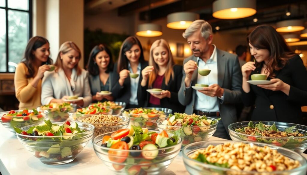 A professional food tasting scene centered around a vibrant display of Panera Bread salads. In the foreground, a beautifully arranged table featuring various colorful salads, such as a Caesar salad, Mediterranean grain bowl, and a Green Goddess salad, each presented in clear glass bowls. High-quality ingredients like fresh greens, ripe tomatoes, and grains are prominently displayed. In the middle ground, a diverse group of individuals in professional business attire or modest casual clothing engaged in a taste-testing session, thoughtfully sampling and discussing the salads with expressions of delight. The background showcases a cozy, well-lit Panera restaurant interior, with warm, inviting lighting and rustic decor. The overall atmosphere conveys a sense of culinary exploration and enjoyment.