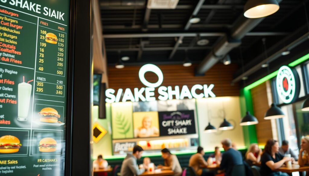 A sleek, modern Shake Shack menu board showcasing various prices for burgers, fries, and shakes, prominently displayed in the foreground. The menu highlights popular items such as ShackBurgers, crinkle-cut fries, and milkshakes in vibrant colors. In the middle ground, a well-lit dining area with customers enjoying their meals, some with families and friends, exuding a warm, bustling atmosphere. The background features the signature Shake Shack logo and a stylish interior design with wooden elements and green accents. The scene is captured with soft natural lighting, emphasizing a friendly and inviting mood, shot from a slight angle to enhance depth and detail. No text overlays or branding present in the image.