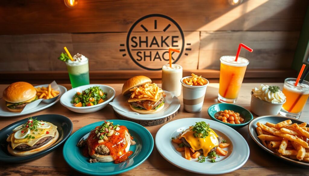 A vibrant Shake Shack regional menu display featuring an array of unique food items specific to different regions, such as a spicy green chili burger, cheese fries with sauce, and seasonal shakes. In the foreground, showcase beautifully plated items with garnishes; make them colorful and appealing. In the middle, include a rustic wooden table setting with a Shake Shack logo subtly etched in the background. The atmosphere should feel inviting, evoking a sense of warmth and community. Use soft, natural lighting to highlight the textures of the food and create an appetizing glow. The angle should be slightly overhead to capture the layout of the dishes and entice viewers. The overall mood is fun and vibrant, perfect for food enthusiasts.