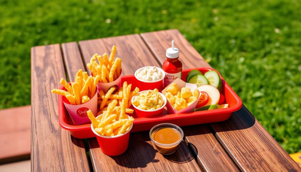 A vibrant and appealing assortment of Shake Shack kids' menu sides displayed on a rustic wooden picnic table. In the foreground, showcase a variety of colorful, kid-friendly sides: crispy crinkle-cut fries, creamy mac and cheese in a small cup, fresh cucumber slices, and apple slices with a caramel dip. In the middle, a cheerful red serving tray holds the sides, with a playful ketchup bottle nearby. The background features a sunny outdoor setting with lush green grass and a bright blue sky, creating a cheerful atmosphere. The lighting is warm and inviting, suggesting a bright afternoon. Angle the shot slightly from above to capture the details of the food while showcasing the lively environment, evoking a sense of joy and fun associated with kids' meals.