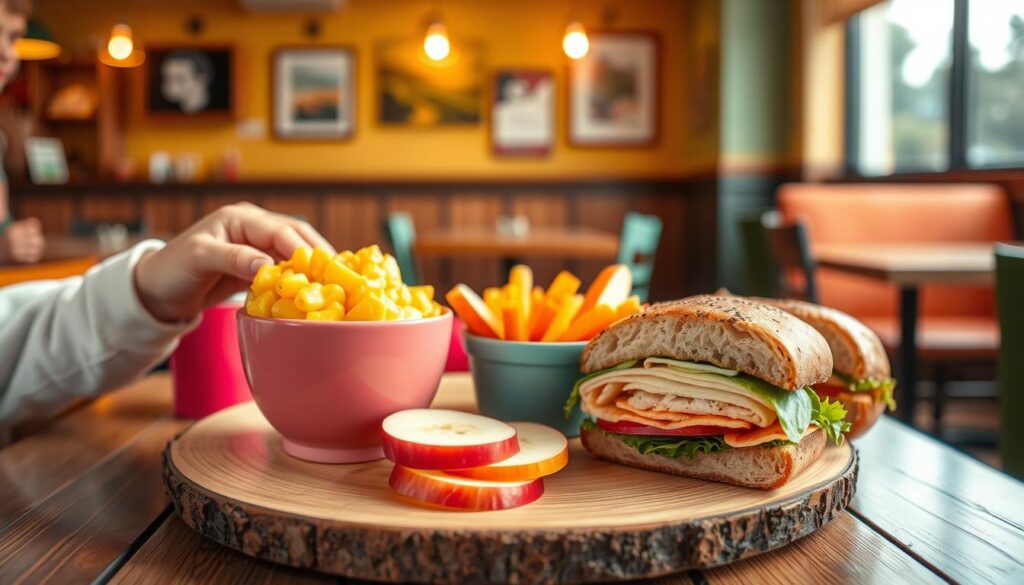 A vibrant and colorful arrangement of a children's meal at Panera Bread, featuring a small, appetizing mac and cheese bowl, a side of sliced apples, and a half of a turkey sandwich. The meal is artfully presented on a rustic wooden table, adorned with bright, playful tableware. In the background, a cheerful, softly lit café ambiance with warm tones and cozy seating creates an inviting atmosphere. The image captures a close-up angle to emphasize the deliciousness of the food, while the lighting is bright yet soft, enhancing the fresh ingredients. A child’s hand can be seen reaching for a sandwich, adding a sense of engagement and delight. The overall mood of the image is joyful and warm, reflecting the fun of mealtime choices for kids.