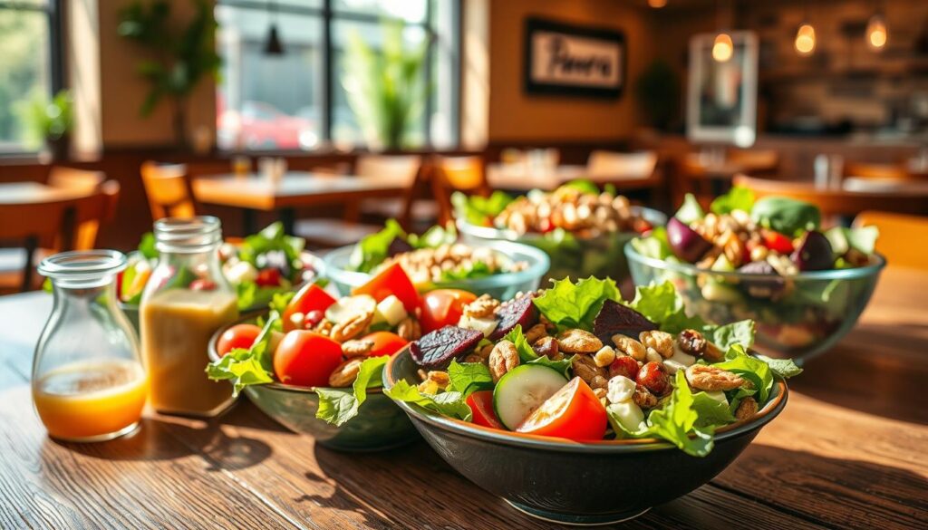 A vibrant array of seasonal Panera Bread salads, beautifully arranged on a rustic wooden table. In the foreground, a colorful bowl filled with mixed greens, cherry tomatoes, cucumber slices, roasted nuts, and seasonal fruits, garnished with a light vinaigrette. Nearby, a glass dressing jar reflects sunlight. In the middle ground, additional salad bowls with variations like beet and goat cheese, and quinoa with seasonal vegetables, creating a diverse salad selection. The background features a softly blurred Panera Bread cafe setting, with warm lighting that adds a cozy ambiance. The atmosphere is fresh and inviting, perfect for a healthy meal. Natural light streams through the windows, enhancing the vibrant colors of the salads.