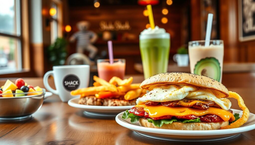 A vibrant breakfast scene featuring a beautifully arranged table with Shake Shack's customer favorite breakfast items. In the foreground, showcase a fluffy breakfast sandwich overflowing with ingredients, accompanied by crispy golden hash browns and a refreshing fruit cup. In the middle, a steaming cup of coffee and a colorful milkshake sit enticingly, while a neatly plated avocado toast adds a touch of elegance. The background reveals a welcoming Shake Shack interior, complete with wood accents and soft, natural lighting that creates a warm, inviting atmosphere. Use a close-up angle to emphasize the food details, with a shallow depth of field to ensure the focus remains on the delicious breakfast items. The overall mood is bright and cheerful, perfect for a morning meal.