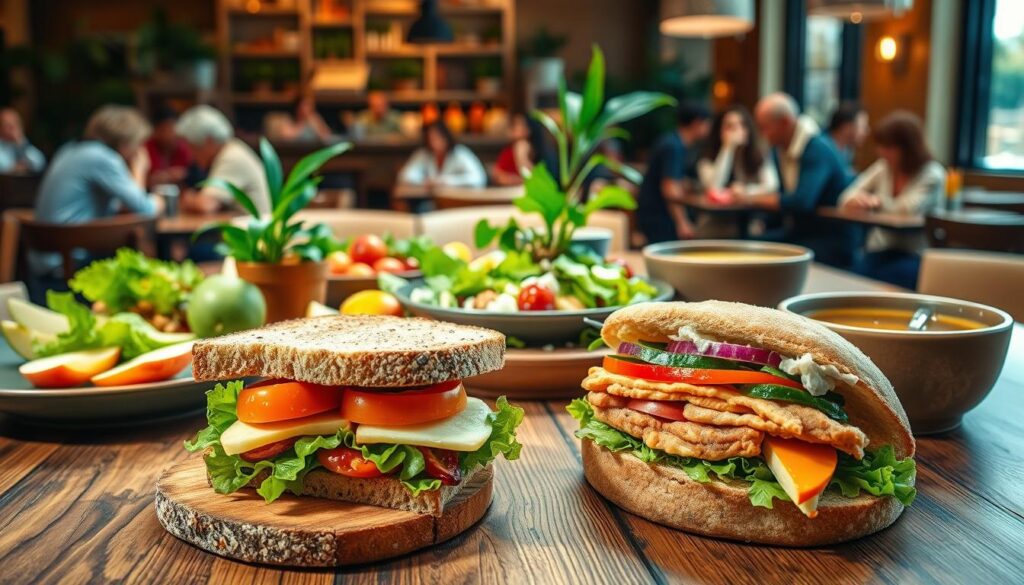 A vibrant, inviting tableau showcasing Panera Bread's lunch menu in a well-lit café setting. In the foreground, a rustic wooden table features an array of fresh sandwiches artfully presented: a whole-grain turkey avocado sandwich with crisp lettuce and ripe tomatoes, alongside a colorful Mediterranean veggie sandwich bursting with peppers and hummus. In the middle ground, a selection of salads and sides like apple slices and a warm bowl of soup complements the sandwiches. The background reveals a cozy café ambiance with soft warm lighting, plants, and patrons enjoying their meals, some dressed in modest casual attire, creating a relaxed yet healthy lunchtime atmosphere. The image captures the essence of fresh and wholesome dining choices.