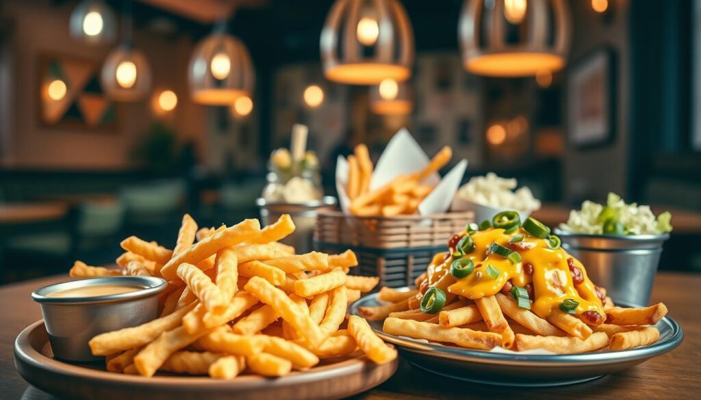 A vibrant, mouth-watering composition featuring a Shake Shack Henrietta menu spread. In the foreground, a large serving of golden, crispy crinkle-cut fries drizzled with melted cheese, accompanied by a small bowl of rich, creamy dipping sauce. Beside it, a plate of loaded cheese fries topped with scallions and jalapeños, oozing with cheese, sits enticingly. In the middle ground, a decorative, rustic wooden table holds a selection of Shacksides, including tangy pickles and refreshing coleslaw, all artistically arranged. In the background, the soft glow of warm pendant lights reflects off a cozy, inviting restaurant atmosphere. The scene is captured with a shallow depth of field, emphasizing the food while softly blurring the background. The mood is cheerful and lively, perfect for a casual dining experience.