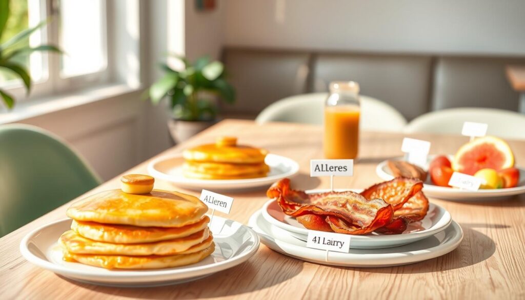 A visually engaging illustration of allergen information relevant to breakfast items, featuring a clean, organized layout. In the foreground, there are colorful plates of breakfast foods—fluffy pancakes, crispy bacon, and fresh fruit—with small, stylish cards indicating allergens like nuts, dairy, and gluten. The middle ground displays a stylish table with a light wood finish, evoking a cozy morning atmosphere. In the background, soft natural light filters through a window, casting gentle shadows that add warmth. The image should convey a sense of health consciousness and culinary delight while being visually appealing, with vibrant colors and inviting textures, highlighting the importance of allergen awareness in dining choices.