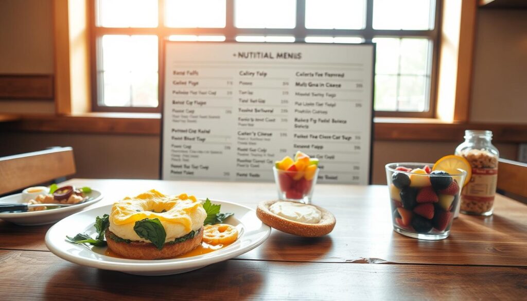 A well-lit, inviting scene of a Panera Bread breakfast table showcasing a variety of nutritious menu items. In the foreground, an artisan plate displays a colorful array of breakfast items such as a spinach and egg soufflé, multigrain bagel with cream cheese, and a vibrant fruit cup. The middle section features a neatly arranged menu board highlighting key nutritional insights like calorie counts, protein, and sodium information, designed elegantly without any text or distractions. In the background, warm natural light filters through a large window, illuminating the rustic wooden table and creating a cozy, morning atmosphere. The setting evokes a sense of health and satisfaction, perfect for a balanced breakfast experience.