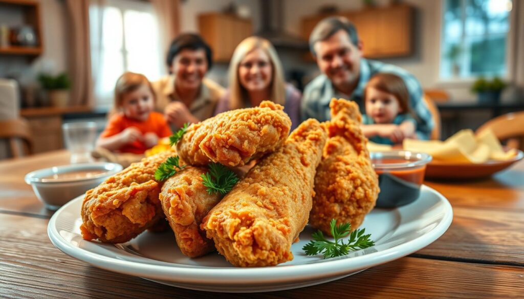 A beautifully arranged plate of freshly prepared fried chicken, showcasing crispy golden-brown skin and juicy meat. In the foreground, the chicken is presented on a rustic wooden table, garnished with sprigs of parsley and a side of dipping sauces. The middle layer features a family enjoying the meal, with parents and children in casual, modest clothing, smiles on their faces as they share this delicious food experience. The background is a cozy, inviting kitchen setting with soft, warm lighting filtering through a window, creating an atmosphere of warmth and togetherness. The image captures the essence of quality family dining, emphasizing fresh ingredients and the joy of sharing meals. Use a natural lens to create a soft focus on the background, highlighting the main dish. A beautifully arranged plate of freshly prepared fried chicken, showcasing crispy golden-brown skin and juicy meat. In the foreground, the chicken is presented on a rustic wooden table, garnished with sprigs of parsley and a side of dipping sauces. The middle layer features a family enjoying the meal, with parents and children in casual, modest clothing, smiles on their faces as they share this delicious food experience. The background is a cozy, inviting kitchen setting with soft, warm lighting filtering through a window, creating an atmosphere of warmth and togetherness. The image captures the essence of quality family dining, emphasizing fresh ingredients and the joy of sharing meals. Use a natural lens to create a soft focus on the background, highlighting the main dish.