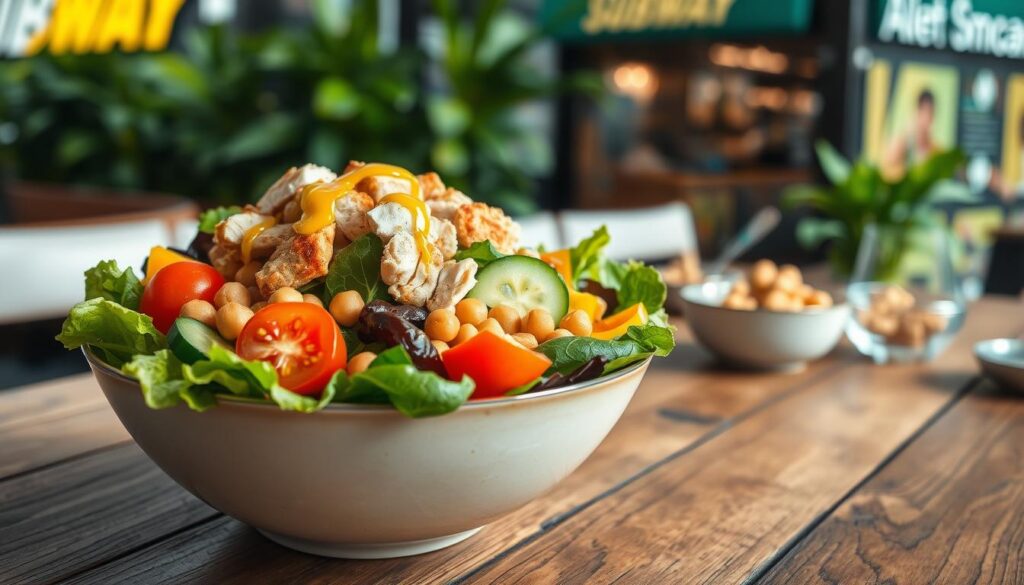 A beautifully arranged salad bowl set on a rustic wooden table, showcasing vibrant, fresh ingredients. In the foreground, tender mixed greens like romaine and spinach are topped with ripe cherry tomatoes, crunchy cucumber slices, and colorful bell peppers. An assortment of protein options such as grilled chicken and chickpeas is artfully placed on top, with a drizzle of light vinaigrette glistening under soft, natural daylight. The middle ground captures a small spoon and a bowl of croutons, adding a touch of elegance. In the background, softly blurred greenery and a hint of a subway sandwich shop can be seen, creating a casual dining atmosphere. The overall mood is inviting and healthy, encapsulating a wholesome and allergen-smart lifestyle choice. A beautifully arranged salad bowl set on a rustic wooden table, showcasing vibrant, fresh ingredients. In the foreground, tender mixed greens like romaine and spinach are topped with ripe cherry tomatoes, crunchy cucumber slices, and colorful bell peppers. An assortment of protein options such as grilled chicken and chickpeas is artfully placed on top, with a drizzle of light vinaigrette glistening under soft, natural daylight. The middle ground captures a small spoon and a bowl of croutons, adding a touch of elegance. In the background, softly blurred greenery and a hint of a subway sandwich shop can be seen, creating a casual dining atmosphere. The overall mood is inviting and healthy, encapsulating a wholesome and allergen-smart lifestyle choice.