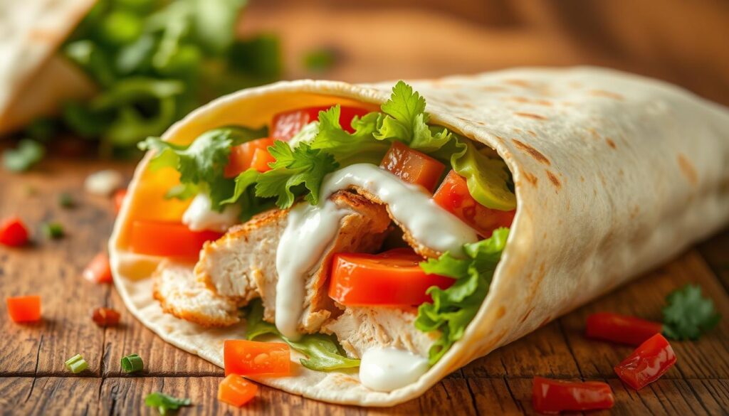 A close-up image of a delicious chicken wrap, featuring a tender, crispy chicken breast sliced and nestled inside a warm, lightly toasted tortilla. The wrap is packed with vibrant, fresh ingredients including crisp lettuce, ripe tomatoes, and creamy ranch dressing, all beautifully layered to show the textures. Surrounding the wrap, there are small scattered ingredients like diced peppers and cilantro to enhance the visual appeal. In the background, a rustic wooden table creates a warm, homey atmosphere. Soft, natural lighting highlights the colors and textures, while a slight blur focuses attention on the wrap itself. The overall mood is inviting and appetizing, showcasing the enticing flavors of the KFC Wraps menu. A close-up image of a delicious chicken wrap, featuring a tender, crispy chicken breast sliced and nestled inside a warm, lightly toasted tortilla. The wrap is packed with vibrant, fresh ingredients including crisp lettuce, ripe tomatoes, and creamy ranch dressing, all beautifully layered to show the textures. Surrounding the wrap, there are small scattered ingredients like diced peppers and cilantro to enhance the visual appeal. In the background, a rustic wooden table creates a warm, homey atmosphere. Soft, natural lighting highlights the colors and textures, while a slight blur focuses attention on the wrap itself. The overall mood is inviting and appetizing, showcasing the enticing flavors of the KFC Wraps menu.