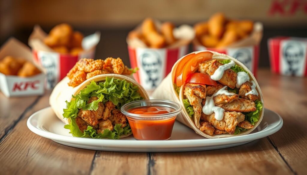 A close-up shot of a delightful two-wrap deal from KFC, beautifully presented on a rustic wooden table. In the foreground, highlight two distinct wraps, one filled with crispy chicken, fresh lettuce, and zesty sauce, the other with spicy grilled chicken, vibrant tomatoes, and creamy ranch dressing, elegantly arranged on a white ceramic plate. In the middle background, show a small dipping sauce cup filled with tangy barbecue sauce, adding color and inviting appeal. Soft, warm lighting creates a welcoming and appetizing atmosphere, emphasizing the textures of the wraps. The background softly fades with hints of KFC branding and blurred fried chicken baskets, creating a cozy fast-food restaurant vibe, focusing solely on the delicious meal presentation without any distractions. A close-up shot of a delightful two-wrap deal from KFC, beautifully presented on a rustic wooden table. In the foreground, highlight two distinct wraps, one filled with crispy chicken, fresh lettuce, and zesty sauce, the other with spicy grilled chicken, vibrant tomatoes, and creamy ranch dressing, elegantly arranged on a white ceramic plate. In the middle background, show a small dipping sauce cup filled with tangy barbecue sauce, adding color and inviting appeal. Soft, warm lighting creates a welcoming and appetizing atmosphere, emphasizing the textures of the wraps. The background softly fades with hints of KFC branding and blurred fried chicken baskets, creating a cozy fast-food restaurant vibe, focusing solely on the delicious meal presentation without any distractions.