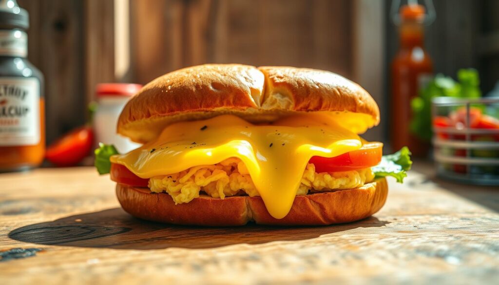 A delicious close-up of a freshly made egg and cheese sandwich, perfectly toasted on a soft, golden brown bun. In the foreground, the melted cheese oozes attractively over the fluffy scrambled eggs, with small flecks of black pepper visible. Slices of fresh tomato and crisp lettuce peek out from the sides, adding vibrant color. In the middle, a backdrop features a rustic wooden table with hints of breakfast condiments like ketchup and hot sauce in the corners. Natural morning sunlight illuminates the scene, casting a warm glow and soft shadows, enhancing the appetizing look of the sandwich. The camera angle is slightly above, focusing on the sandwich while creating depth with the tableware blurred in the background. The mood is inviting and wholesome, evoking a sense of a comforting breakfast experience. A delicious close-up of a freshly made egg and cheese sandwich, perfectly toasted on a soft, golden brown bun. In the foreground, the melted cheese oozes attractively over the fluffy scrambled eggs, with small flecks of black pepper visible. Slices of fresh tomato and crisp lettuce peek out from the sides, adding vibrant color. In the middle, a backdrop features a rustic wooden table with hints of breakfast condiments like ketchup and hot sauce in the corners. Natural morning sunlight illuminates the scene, casting a warm glow and soft shadows, enhancing the appetizing look of the sandwich. The camera angle is slightly above, focusing on the sandwich while creating depth with the tableware blurred in the background. The mood is inviting and wholesome, evoking a sense of a comforting breakfast experience.
