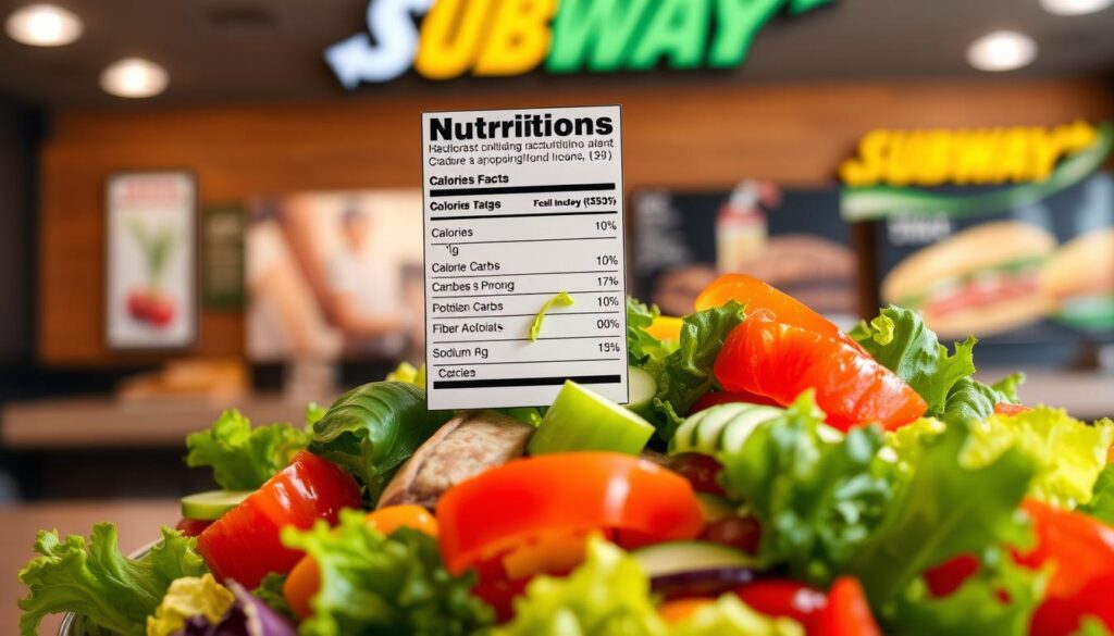 A detailed and visually appealing nutrition facts label, centered in the foreground, showcases key nutritional information for a Subway salad. The label prominently features statistics for calories, protein, carbs, fat, fiber, and sodium, presented in clean, easy-to-read typography. In the middle ground, a vibrant, fresh salad filled with colorful vegetables like red peppers, cucumbers, and leafy greens complements the label, highlighting the freshness of the ingredients. The background features a blurred Subway restaurant setting that subtly suggests a welcoming, casual dining atmosphere. Use soft, natural lighting to enhance the freshness of the salad and the clarity of the nutrition label, with a slight tilt-angle view that invites engagement. The overall mood is informative and appetizing, perfect for health-conscious readers. A detailed and visually appealing nutrition facts label, centered in the foreground, showcases key nutritional information for a Subway salad. The label prominently features statistics for calories, protein, carbs, fat, fiber, and sodium, presented in clean, easy-to-read typography. In the middle ground, a vibrant, fresh salad filled with colorful vegetables like red peppers, cucumbers, and leafy greens complements the label, highlighting the freshness of the ingredients. The background features a blurred Subway restaurant setting that subtly suggests a welcoming, casual dining atmosphere. Use soft, natural lighting to enhance the freshness of the salad and the clarity of the nutrition label, with a slight tilt-angle view that invites engagement. The overall mood is informative and appetizing, perfect for health-conscious readers.