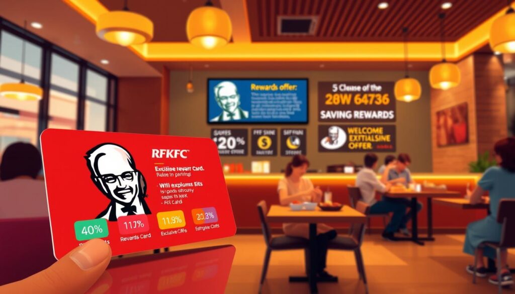 A modern and engaging illustration of a KFC rewards program, featuring a digital rewards card prominently in the foreground, displaying vibrant icons representing points, discounts, and exclusive offers. In the middle ground, showcase a welcoming KFC restaurant interior, with customers enjoying their meals and a digital screen highlighting current specials and rewards promotions. The background should depict an inviting, warm atmosphere with golden lighting emanating from stylish fixtures, creating a cozy vibe. Capture this scene from a slightly angled perspective, adding depth and inviting viewers into the space. The overall mood should be cheerful and optimistic, emphasizing the joy of saving money through rewards at KFC. A modern and engaging illustration of a KFC rewards program, featuring a digital rewards card prominently in the foreground, displaying vibrant icons representing points, discounts, and exclusive offers. In the middle ground, showcase a welcoming KFC restaurant interior, with customers enjoying their meals and a digital screen highlighting current specials and rewards promotions. The background should depict an inviting, warm atmosphere with golden lighting emanating from stylish fixtures, creating a cozy vibe. Capture this scene from a slightly angled perspective, adding depth and inviting viewers into the space. The overall mood should be cheerful and optimistic, emphasizing the joy of saving money through rewards at KFC.