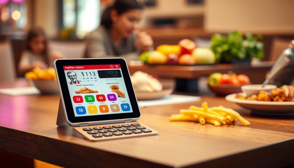 A modern and visually appealing calories calculator on a sleek wooden table, showcasing nutritional information specifically related to children’s meals. In the foreground, the calculator has a vibrant display, indicating calorie counts alongside colorful icons of popular KFC Kids Menu items like chicken tenders, mashed potatoes, and fruit sides. The middle ground features fresh ingredients like vegetables and fruits, emphasizing healthy choices. The background presents a softly blurred family dining setting with warm lighting, evoking a cozy and inviting atmosphere. The scene is shot from a slightly elevated angle, capturing the details of the calculator while keeping a warm, inviting mood that reflects family dining times. A modern and visually appealing calories calculator on a sleek wooden table, showcasing nutritional information specifically related to children’s meals. In the foreground, the calculator has a vibrant display, indicating calorie counts alongside colorful icons of popular KFC Kids Menu items like chicken tenders, mashed potatoes, and fruit sides. The middle ground features fresh ingredients like vegetables and fruits, emphasizing healthy choices. The background presents a softly blurred family dining setting with warm lighting, evoking a cozy and inviting atmosphere. The scene is shot from a slightly elevated angle, capturing the details of the calculator while keeping a warm, inviting mood that reflects family dining times.
