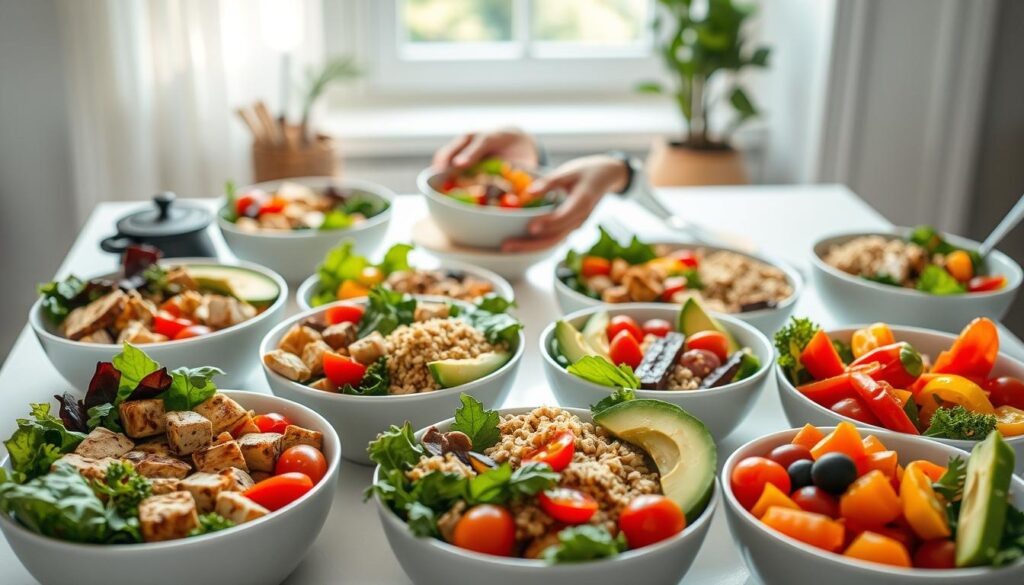 A vibrant and colorful close-up of an assortment of protein bowls arranged beautifully on a clean, white tabletop. The foreground features a variety of bowls filled with fresh ingredients, such as grilled chicken, tofu, mixed greens, quinoa, cherry tomatoes, avocado slices, and colorful bell peppers, artfully organized to showcase their textures and colors. In the middle ground, a pair of hands is gently lifting one of the bowls, hinting at a casual dining experience. In the background, soft, natural lighting from a nearby window creates a warm and inviting atmosphere. The image should emphasize the health-conscious aspect of the dishes, with a focus on freshness and nutrition while maintaining a cozy yet stylish vibe. No text or logos present. A vibrant and colorful close-up of an assortment of protein bowls arranged beautifully on a clean, white tabletop. The foreground features a variety of bowls filled with fresh ingredients, such as grilled chicken, tofu, mixed greens, quinoa, cherry tomatoes, avocado slices, and colorful bell peppers, artfully organized to showcase their textures and colors. In the middle ground, a pair of hands is gently lifting one of the bowls, hinting at a casual dining experience. In the background, soft, natural lighting from a nearby window creates a warm and inviting atmosphere. The image should emphasize the health-conscious aspect of the dishes, with a focus on freshness and nutrition while maintaining a cozy yet stylish vibe. No text or logos present.