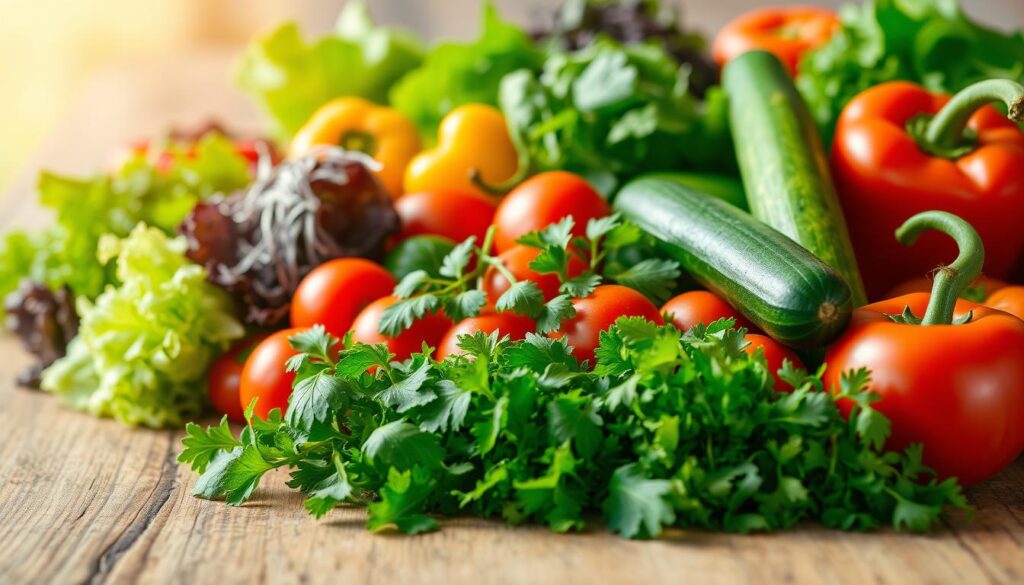 A vibrant assortment of fresh vegetables arranged artistically on a clean, rustic wooden table. In the foreground, crisp greens such as lettuce, spinach, and arugula showcase their lush textures, while juicy tomatoes, cucumbers, and bell peppers add bright pops of color. In the middle, a few neatly chopped herbs like basil and cilantro provide an aromatic touch, creating a sense of abundance and freshness. The background is softly blurred to highlight the vegetables, with a gentle, warm natural light illuminating the scene, creating an inviting atmosphere. The lens captures a close-up perspective, emphasizing the details and freshness of the produce, enticing viewers to explore the world of sandwich toppings. A vibrant assortment of fresh vegetables arranged artistically on a clean, rustic wooden table. In the foreground, crisp greens such as lettuce, spinach, and arugula showcase their lush textures, while juicy tomatoes, cucumbers, and bell peppers add bright pops of color. In the middle, a few neatly chopped herbs like basil and cilantro provide an aromatic touch, creating a sense of abundance and freshness. The background is softly blurred to highlight the vegetables, with a gentle, warm natural light illuminating the scene, creating an inviting atmosphere. The lens captures a close-up perspective, emphasizing the details and freshness of the produce, enticing viewers to explore the world of sandwich toppings.