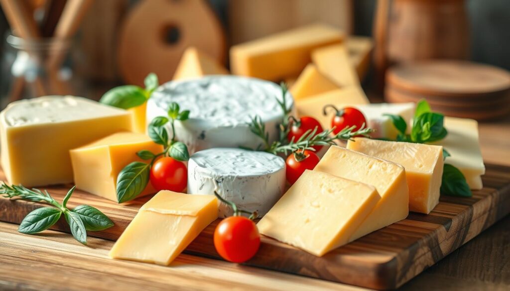 A vibrant display of various cheese types arranged elegantly on a wooden cutting board. In the foreground, a block of creamy cheddar, a wheel of brie with a soft white rind, and sharp slices of gouda feature prominently. In the middle, delicate sprigs of fresh herbs, such as basil and rosemary, add a touch of green, while a few ripe cherry tomatoes provide a pop of color. The background softly fades into a rustic kitchen scene, with subtle hints of soft-focus utensils and a wooden table. Warm, natural lighting illuminates the cheese, creating inviting textures and shadows that enhance their rich colors. The overall atmosphere is cozy and appetizing, perfect for a fresh sandwich topping inspiration. A vibrant display of various cheese types arranged elegantly on a wooden cutting board. In the foreground, a block of creamy cheddar, a wheel of brie with a soft white rind, and sharp slices of gouda feature prominently. In the middle, delicate sprigs of fresh herbs, such as basil and rosemary, add a touch of green, while a few ripe cherry tomatoes provide a pop of color. The background softly fades into a rustic kitchen scene, with subtle hints of soft-focus utensils and a wooden table. Warm, natural lighting illuminates the cheese, creating inviting textures and shadows that enhance their rich colors. The overall atmosphere is cozy and appetizing, perfect for a fresh sandwich topping inspiration.