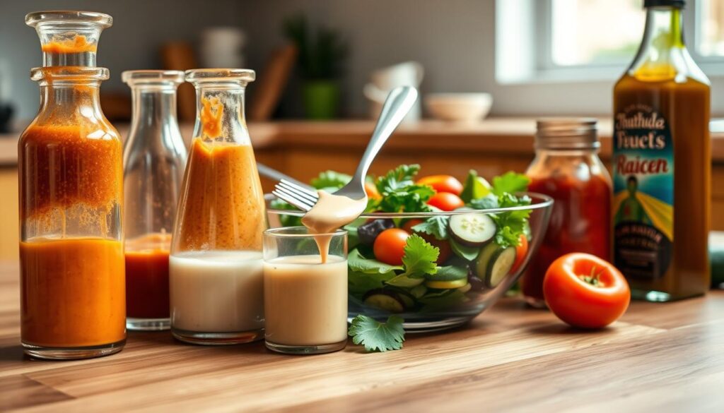 A vibrant display of various dressings and sauces arranged artistically on a wooden table, with a focus on colorful and diverse options. The foreground features elegant glass containers filled with creamy ranch, zesty vinaigrette, and fiery sriracha, each glistening under soft, natural light. In the middle layer, a bowl of fresh salad sits with a fork, showcasing vibrant greens, cherry tomatoes, and cucumbers, invitingly drizzled with dressing. The background includes a lightly blurred kitchen countertop, enhancing the homely atmosphere. The lighting is warm and inviting, creating a fresh and appetizing mood, ideal for food enthusiasts and health-conscious readers alike. Capture this with a slightly elevated angle to emphasize the dressing textures and salad freshness. A vibrant display of various dressings and sauces arranged artistically on a wooden table, with a focus on colorful and diverse options. The foreground features elegant glass containers filled with creamy ranch, zesty vinaigrette, and fiery sriracha, each glistening under soft, natural light. In the middle layer, a bowl of fresh salad sits with a fork, showcasing vibrant greens, cherry tomatoes, and cucumbers, invitingly drizzled with dressing. The background includes a lightly blurred kitchen countertop, enhancing the homely atmosphere. The lighting is warm and inviting, creating a fresh and appetizing mood, ideal for food enthusiasts and health-conscious readers alike. Capture this with a slightly elevated angle to emphasize the dressing textures and salad freshness.