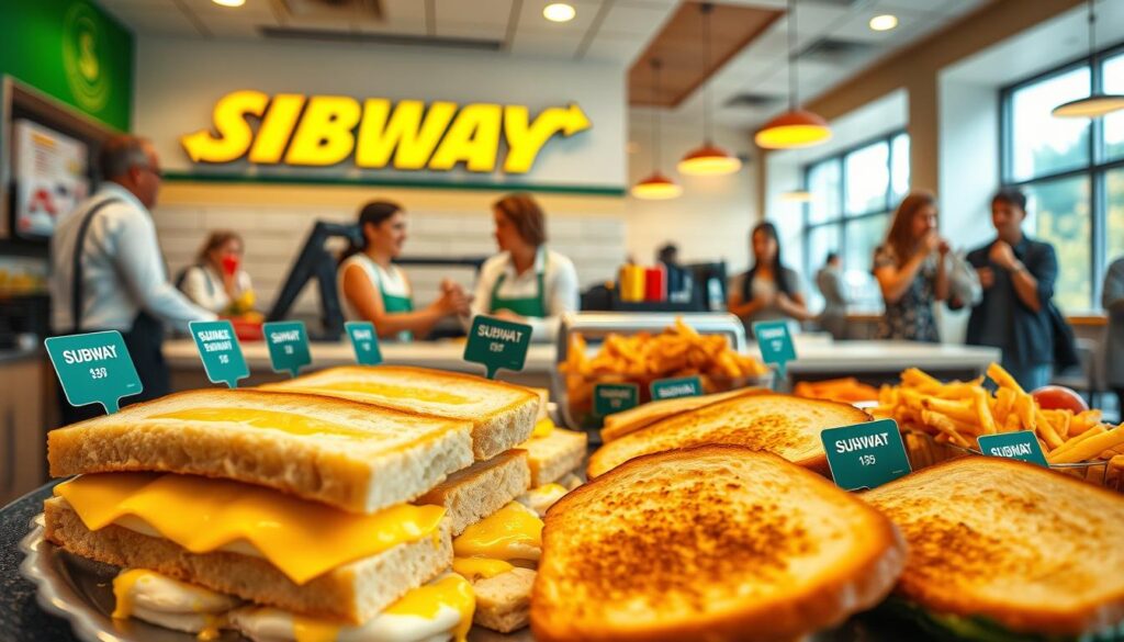 A vibrant, inviting Subway breakfast scene, showcasing a variety of breakfast sandwich items including egg and cheese on freshly toasted bread, alongside a selection of sides like hash browns and fruits. The foreground features a close-up view of a well-arranged breakfast platter with items displayed neatly, emphasizing pricing tags beside each item with clear, bold lettering. In the middle ground, a busy Subway counter showcases cheerful staff dressed in professional attire, engaging with customers in a friendly manner. The background captures a bright, modern Subway interior with soft, warm lighting that creates an inviting atmosphere. A few customers in modest casual clothing are seen enjoying their meals, highlighting the overall vibe of a busy breakfast rush. The composition maintains a balanced focus on the food and the vibrant restaurant setting. A vibrant, inviting Subway breakfast scene, showcasing a variety of breakfast sandwich items including egg and cheese on freshly toasted bread, alongside a selection of sides like hash browns and fruits. The foreground features a close-up view of a well-arranged breakfast platter with items displayed neatly, emphasizing pricing tags beside each item with clear, bold lettering. In the middle ground, a busy Subway counter showcases cheerful staff dressed in professional attire, engaging with customers in a friendly manner. The background captures a bright, modern Subway interior with soft, warm lighting that creates an inviting atmosphere. A few customers in modest casual clothing are seen enjoying their meals, highlighting the overall vibe of a busy breakfast rush. The composition maintains a balanced focus on the food and the vibrant restaurant setting.