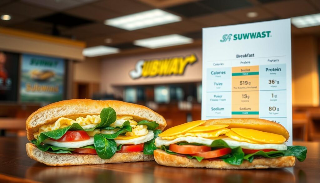 A visually appealing arrangement of a Subway breakfast sandwich, freshly made and filled with vivid ingredients like scrambled eggs, cheese, tomatoes, and spinach, placed prominently in the foreground. Next to it, a clear and colorful infographic-style chart displaying calories, protein, and sodium content, lightly designed to complement the sandwich without overwhelming it. In the background, a softly lit Subway restaurant interior, featuring warm tones and a welcoming ambiance. The scene is captured from a slightly elevated angle, focusing on the sandwich and the chart, while creating a clean, professional atmosphere suitable for an informative article. Natural light filters through the restaurant windows, enhancing the freshness of the food. A visually appealing arrangement of a Subway breakfast sandwich, freshly made and filled with vivid ingredients like scrambled eggs, cheese, tomatoes, and spinach, placed prominently in the foreground. Next to it, a clear and colorful infographic-style chart displaying calories, protein, and sodium content, lightly designed to complement the sandwich without overwhelming it. In the background, a softly lit Subway restaurant interior, featuring warm tones and a welcoming ambiance. The scene is captured from a slightly elevated angle, focusing on the sandwich and the chart, while creating a clean, professional atmosphere suitable for an informative article. Natural light filters through the restaurant windows, enhancing the freshness of the food.
