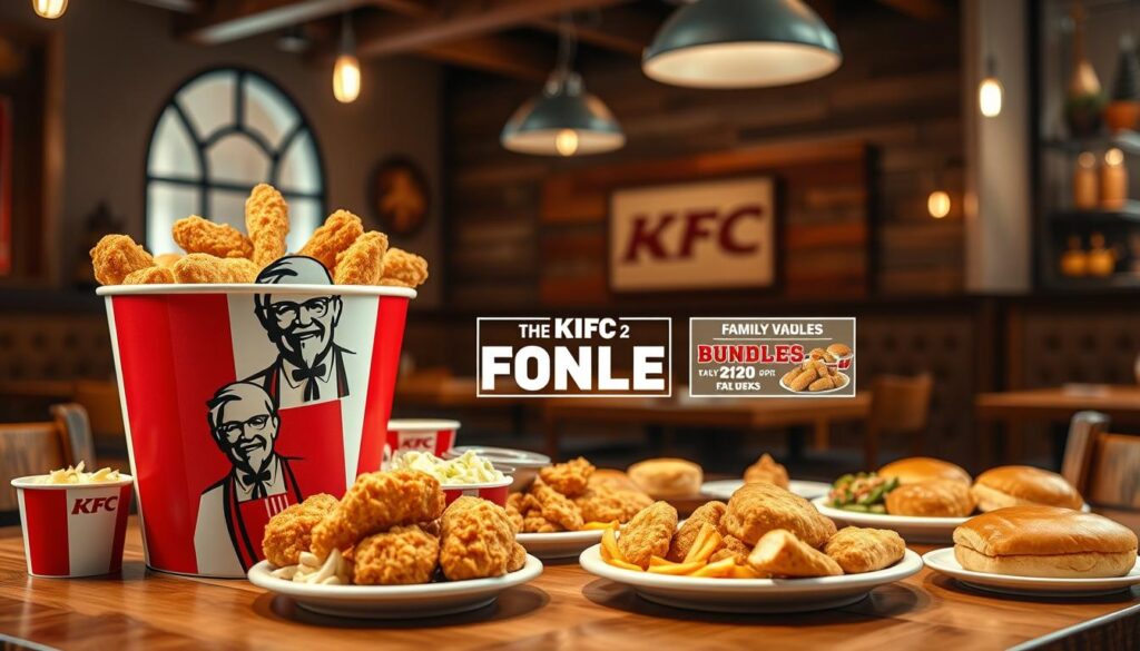 A visually enticing KFC deals menu scene showcasing popular bundles for 2026. In the foreground, a beautifully arranged table featuring a classic KFC bucket filled with crispy fried chicken, adjacent to a variety of sides such as coleslaw, mashed potatoes, and biscuits. In the middle, vibrant plates with family meal bundles are artfully displayed, emphasizing value and variety, with a focus on generous portions. The background features a rustic wooden restaurant interior, warmly lit with hanging pendant lights that create an inviting atmosphere. The angle captures both the table setting and the cozy environment, making the viewer feel the warmth of a family meal together. The overall mood is cheerful and appealing, enticing viewers with the promise of delicious deals. A visually enticing KFC deals menu scene showcasing popular bundles for 2026. In the foreground, a beautifully arranged table featuring a classic KFC bucket filled with crispy fried chicken, adjacent to a variety of sides such as coleslaw, mashed potatoes, and biscuits. In the middle, vibrant plates with family meal bundles are artfully displayed, emphasizing value and variety, with a focus on generous portions. The background features a rustic wooden restaurant interior, warmly lit with hanging pendant lights that create an inviting atmosphere. The angle captures both the table setting and the cozy environment, making the viewer feel the warmth of a family meal together. The overall mood is cheerful and appealing, enticing viewers with the promise of delicious deals.
