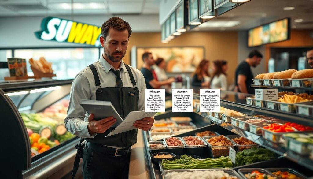 A well-organized deli counter in a Subway restaurant, showcasing various ingredients like fresh vegetables, meats, and bread, emphasizing the potential for cross-contamination. In the foreground, a food safety manager in professional attire is inspecting the area with a checklist in hand, demonstrating best practices. The middle layer features a clear view of different allergen labels displayed prominently on ingredient containers, highlighting vulnerability points. In the background, customers are placing their orders, illustrating the busy atmosphere. Soft, natural lighting enhances the cleanliness of the environment while creating a sense of urgency and responsibility. The mood is serious and educational, focusing on the importance of food safety in a casual dining setting. A well-organized deli counter in a Subway restaurant, showcasing various ingredients like fresh vegetables, meats, and bread, emphasizing the potential for cross-contamination. In the foreground, a food safety manager in professional attire is inspecting the area with a checklist in hand, demonstrating best practices. The middle layer features a clear view of different allergen labels displayed prominently on ingredient containers, highlighting vulnerability points. In the background, customers are placing their orders, illustrating the busy atmosphere. Soft, natural lighting enhances the cleanliness of the environment while creating a sense of urgency and responsibility. The mood is serious and educational, focusing on the importance of food safety in a casual dining setting.